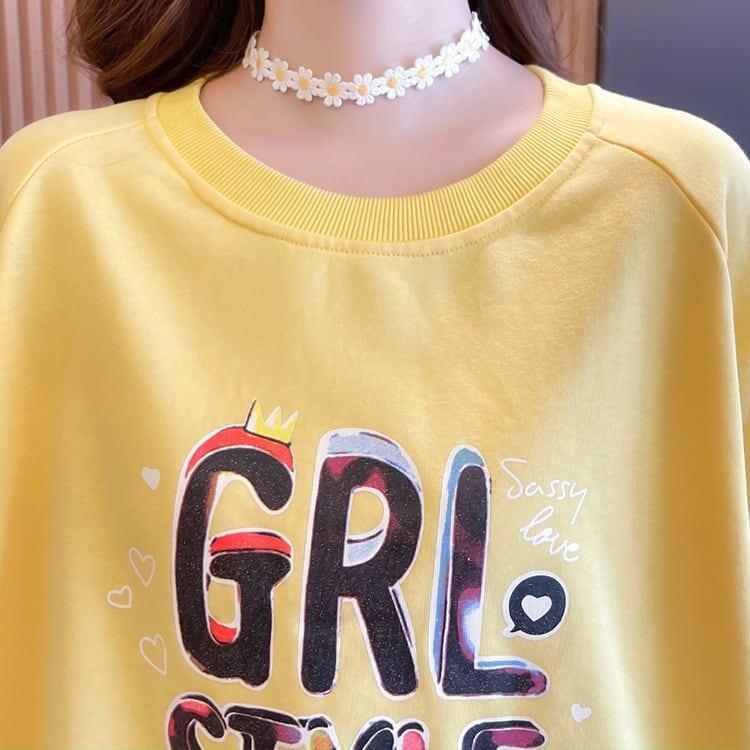 秋の新作 パフスリーブ アルファベットプリント 長袖ラグランTシャツトップス<U-4032>