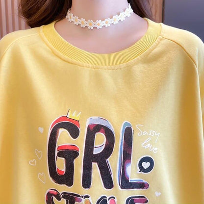秋の新作 パフスリーブ アルファベットプリント 長袖ラグランTシャツトップス<U-4032>