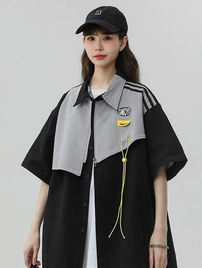 シンプルだけど一癖あるコーデ 切り替え レイヤード風 全2色 半袖Tシャツ<U-9046>