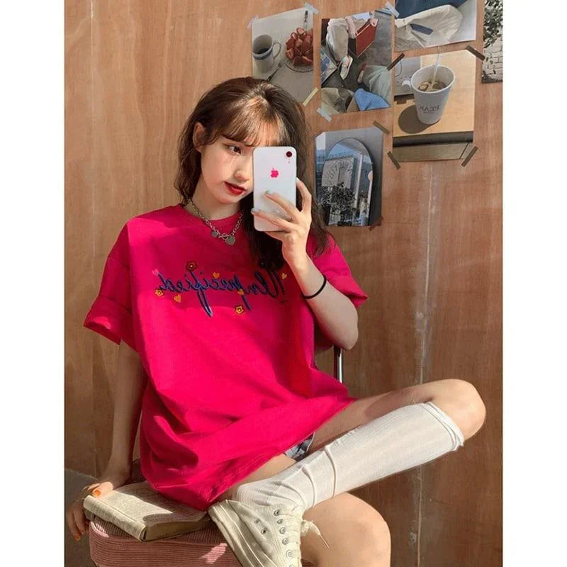 質感のいい アルファベット 刺ロゴ Tシャツ ローズ ゆったり半袖＜U-2967＞