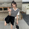 上質 レイヤード風 好感度UP ストライプ柄 リボン ニット 全2色 半袖Tシャツ＜ U-9211＞
