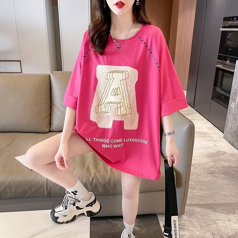超人気商品 ロング アルファベット プリントTシャツ 三色 ゆったり半袖 ＜U-4019＞