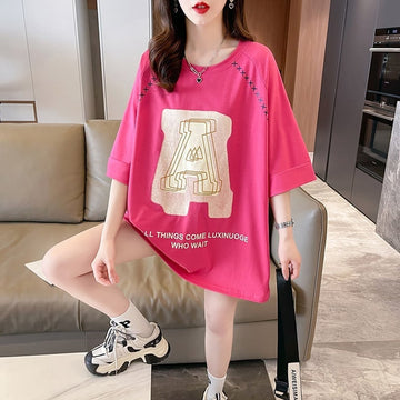 超人気商品 ロング アルファベット プリントTシャツ 三色 ゆったり半袖 ＜U-4019＞