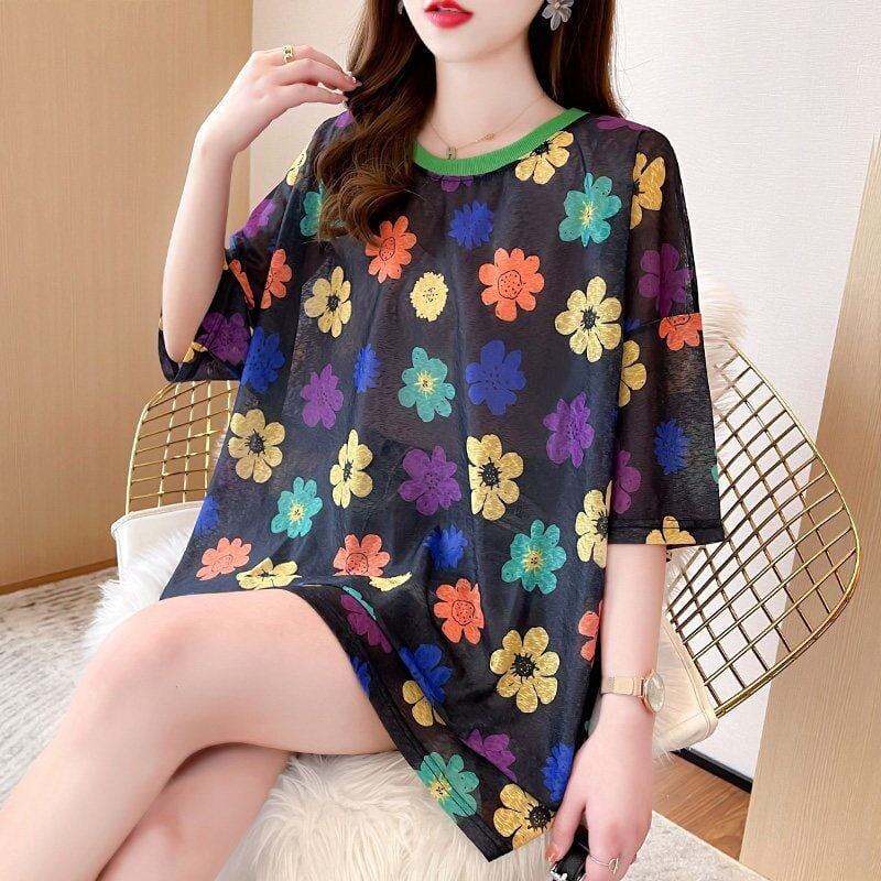 大人可愛い 半袖 紫外線対策 ラウンドネック ルーズ Tシャツ ＜U-8642＞