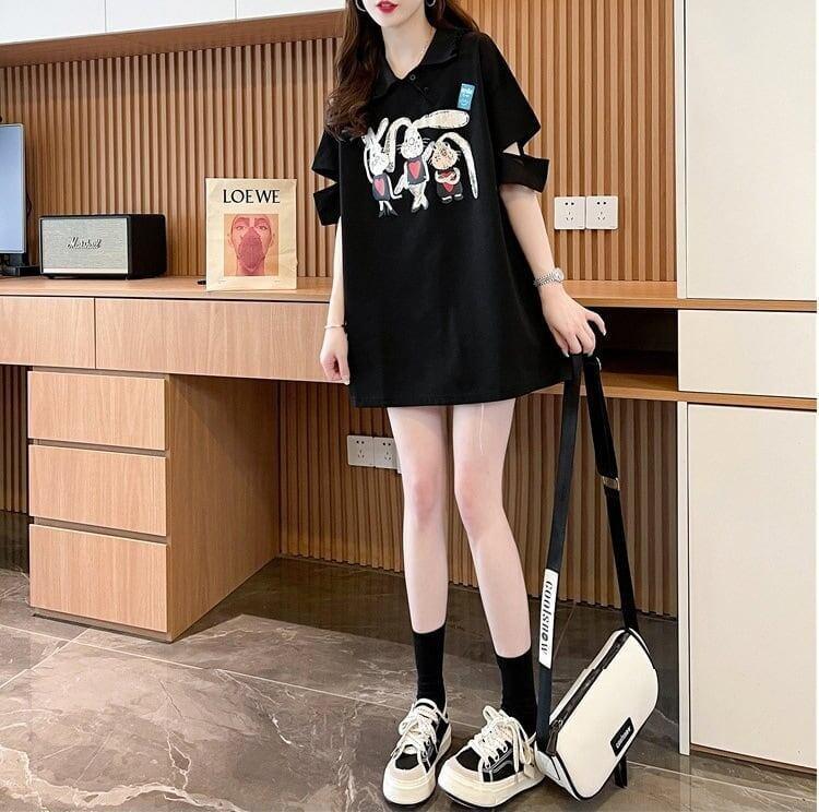 美人度アップ 折り襟 可愛いウサギちゃん プリントロング Tシャツ ゆったり半袖 ＜U-2956＞