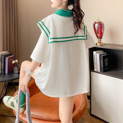 絶対欲しい ロング セーラーカラー Tシャツ 三色 ゆったりワンピース＜U-4028＞