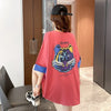 韓国系 ドロップショルダープリント ラウンドネック ロング Tシャツ 三色 ゆったり半袖＜U-3011＞