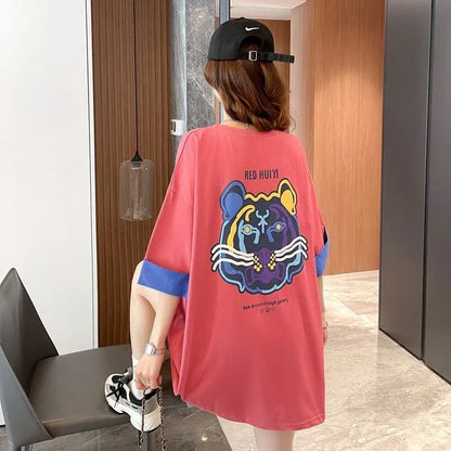 韓国系 ドロップショルダープリント ラウンドネック ロング Tシャツ 三色 ゆったり半袖＜U-3011＞
