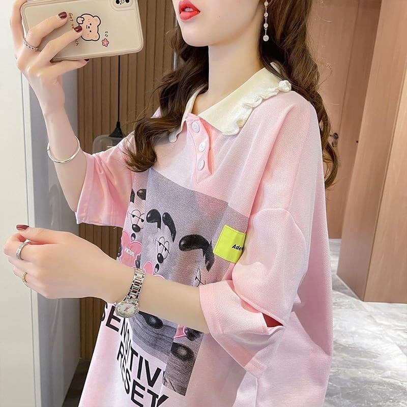 夏新作 アルファベットプリント POLOネック ロング Tシャツ ゆったりワンピース ＜U-3038＞
