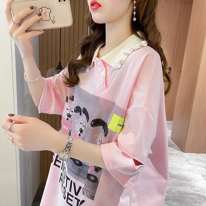 夏新作 アルファベットプリント POLOネック ロング Tシャツ ゆったりワンピース ＜U-3038＞