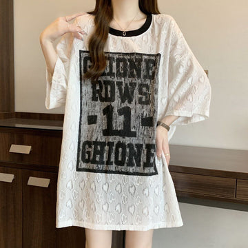 超人気 アバンギャルド 絶対流行 レース プリント全2色 半袖Tシャツ<U-8798>