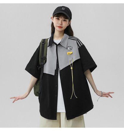 シンプルだけど一癖あるコーデ 切り替え レイヤード風 全2色 半袖Tシャツ<U-9046>