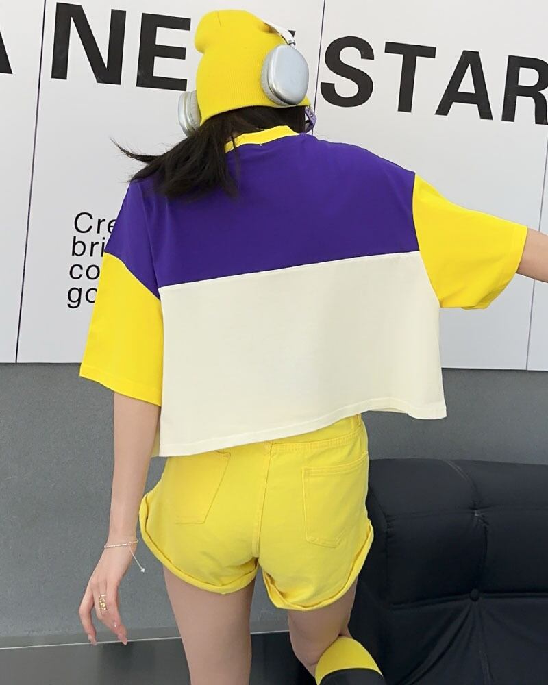 着回し力抜群 切り替え三色 韓国系 ゆったり半袖Tシャツ ＜U-8455＞