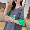 韓国系 プリント ラウンドネック ロング Tシャツ ゆったり半袖 ＜U-2988＞