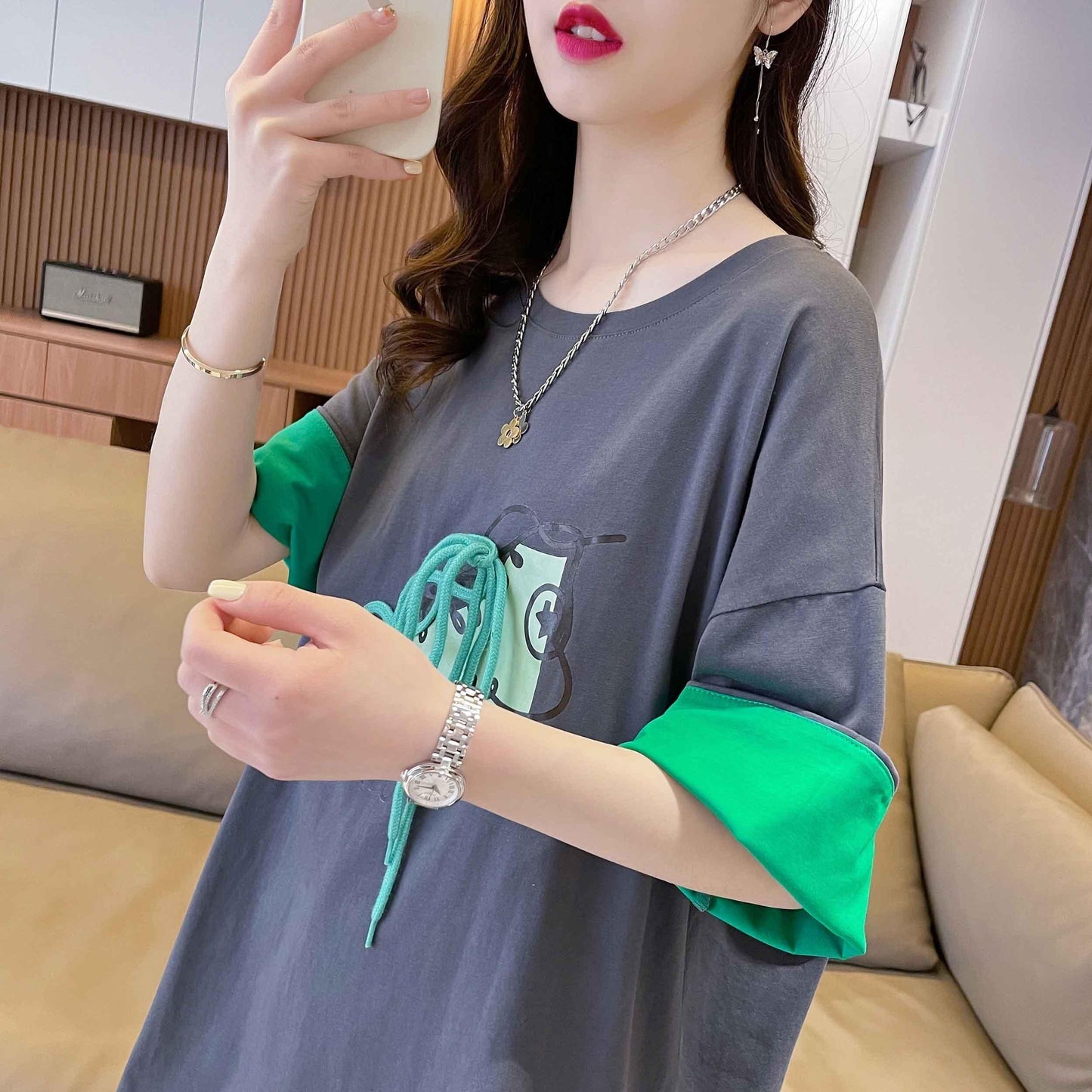韓国系 プリント ラウンドネック ロング Tシャツ ゆったり半袖 ＜U-2988＞
