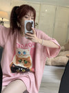 スウィート プリント 可愛いネコちゃん Tシャツ ピンク ゆったり半袖＜U-2973＞