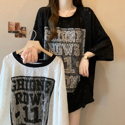 超人気 アバンギャルド 絶対流行 レース プリント全2色 半袖Tシャツ<U-8798>