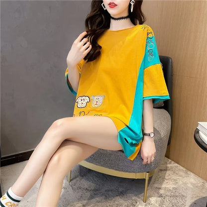 韓国風漫画刺繍ワッペン半袖Tシャツ<U-2991>