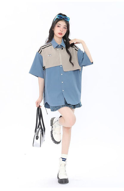 期間限定 ファッション 個性派 レイヤード風 切り替え プリント全3色 男女兼用 半袖Tシャツ<U-9044>