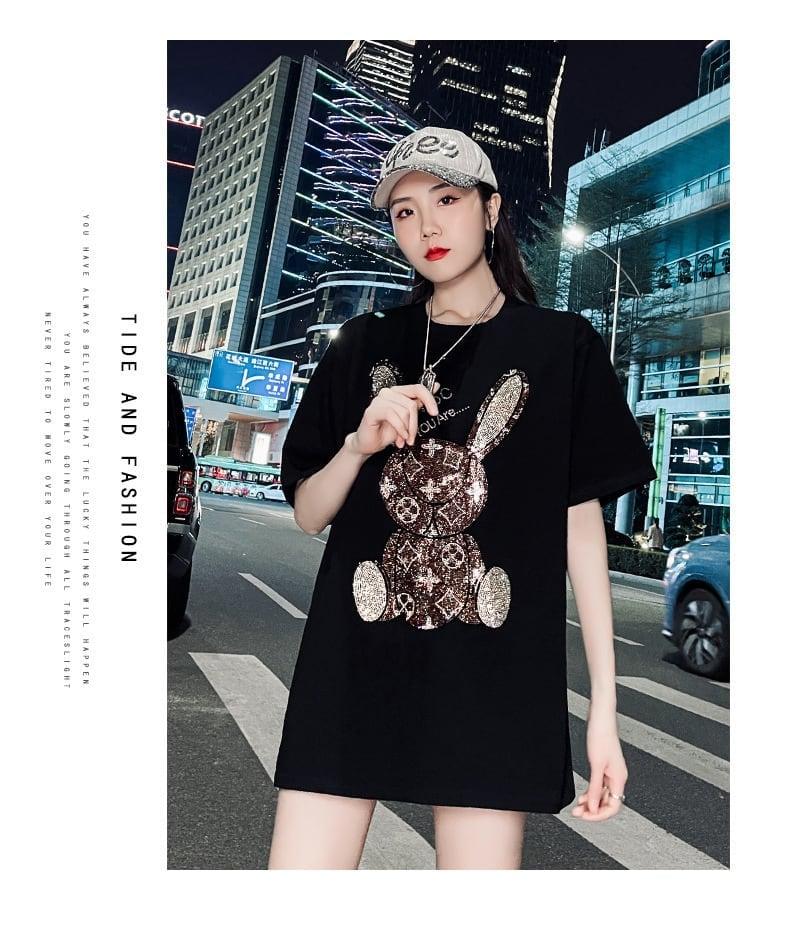 合わせやすい ビジュー ウサギ ロング Tシャツ ゆったり 半袖 ＜U-2887＞