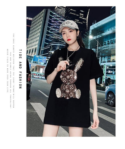 合わせやすい ビジュー ウサギ ロング Tシャツ ゆったり 半袖 ＜U-2887＞