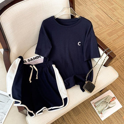 ファッション 切り替え 美人度アップ Tシャツ＋ショートパンツ セットアップ＜U-3527＞