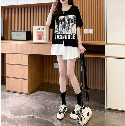 絶対流行 レイヤード風 レース プリント全2色 半袖Tシャツ<U-8821>