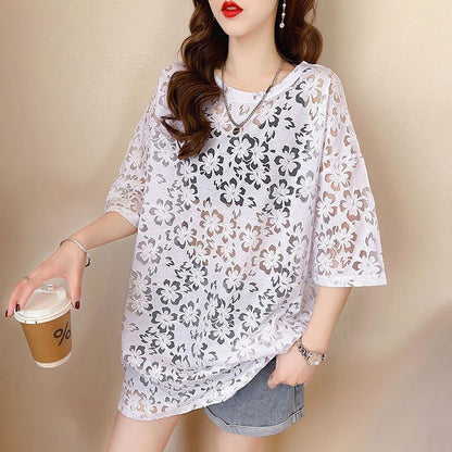 好感度UP ファッション カジュアル 透かし彫り 半袖Tシャツ<U-8458>