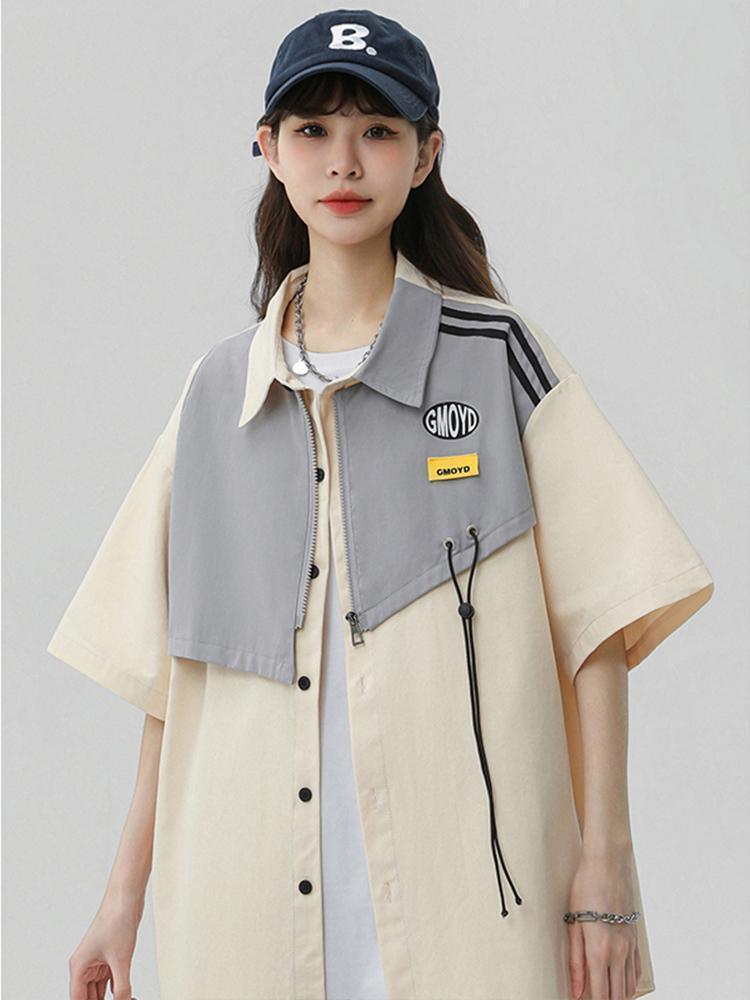 シンプルだけど一癖あるコーデ 切り替え レイヤード風 全2色 半袖Tシャツ<U-9046>