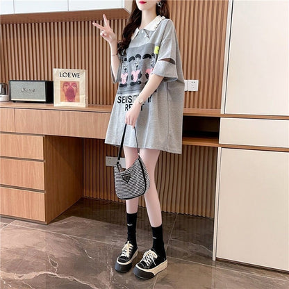 夏新作 アルファベットプリント POLOネック ロング Tシャツ ゆったりワンピース ＜U-3038＞