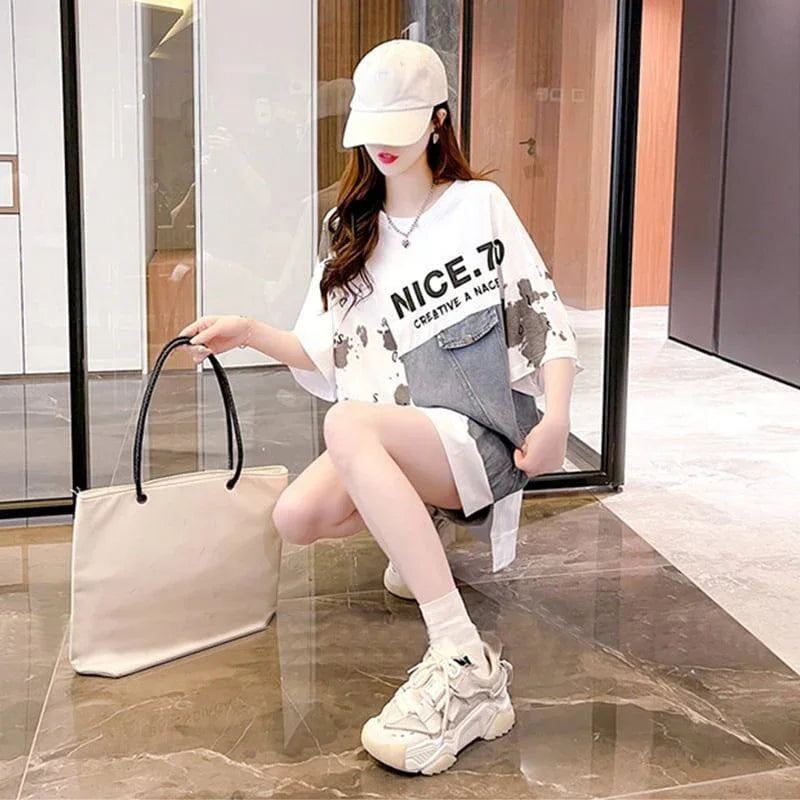 スタイリッシュ 切り替え 一目惚れ プリント Tシャツ カットソー＜U-3102＞