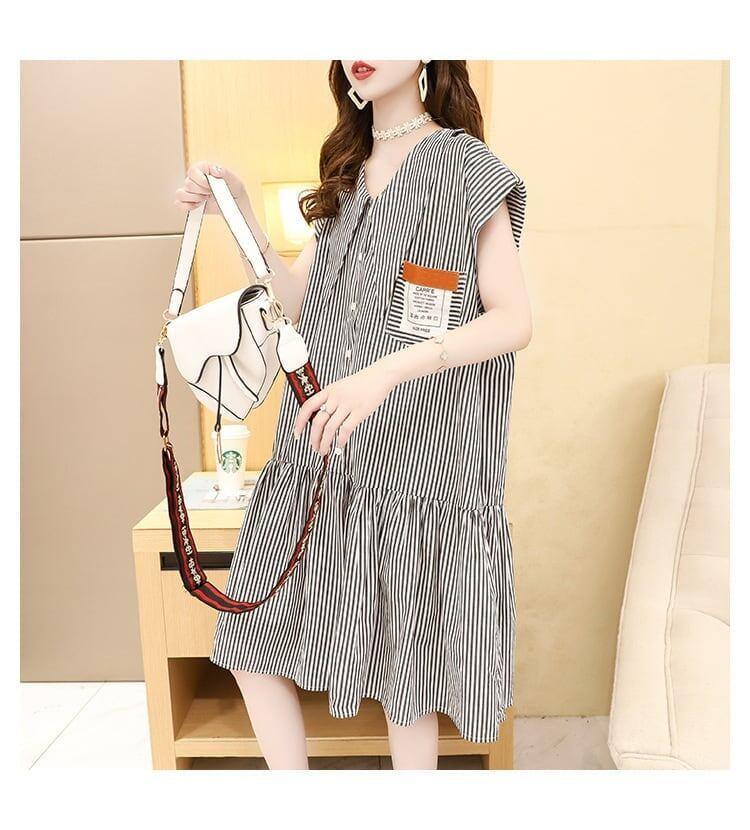 洋風VネックワンピースTシャツゆったりスリム半袖スカート<2857>