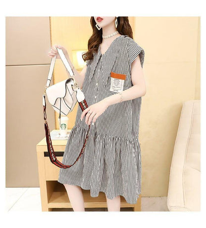 洋風VネックワンピースTシャツゆったりスリム半袖スカート<2857>