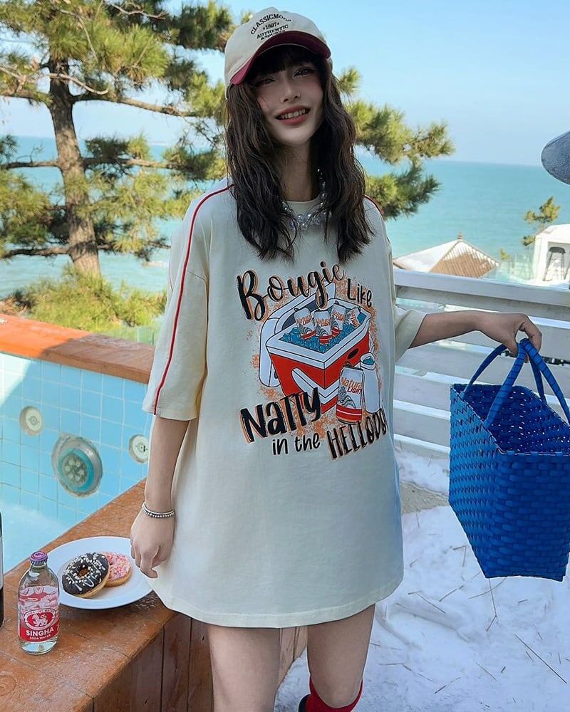 着?せ ゆったり ビッグロゴ ロングTシャツ 半袖 ワンピース<U-4859>