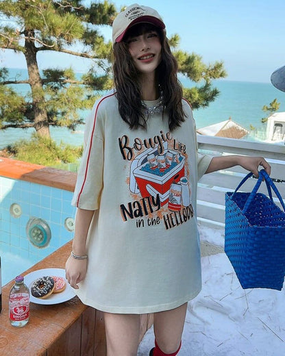 着?せ ゆったり ビッグロゴ ロングTシャツ 半袖 ワンピース<U-4859>
