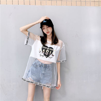 売り切れ必至 レイヤード風 個性派 チュール ゆったり半袖 Tシャツ全4色 ＜U-8157＞