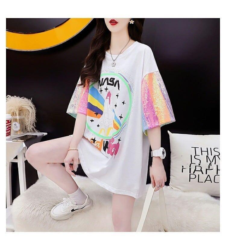 大好評 プリントTシャツ スパンコール切り替え ゆったり半袖＜U-2890＞