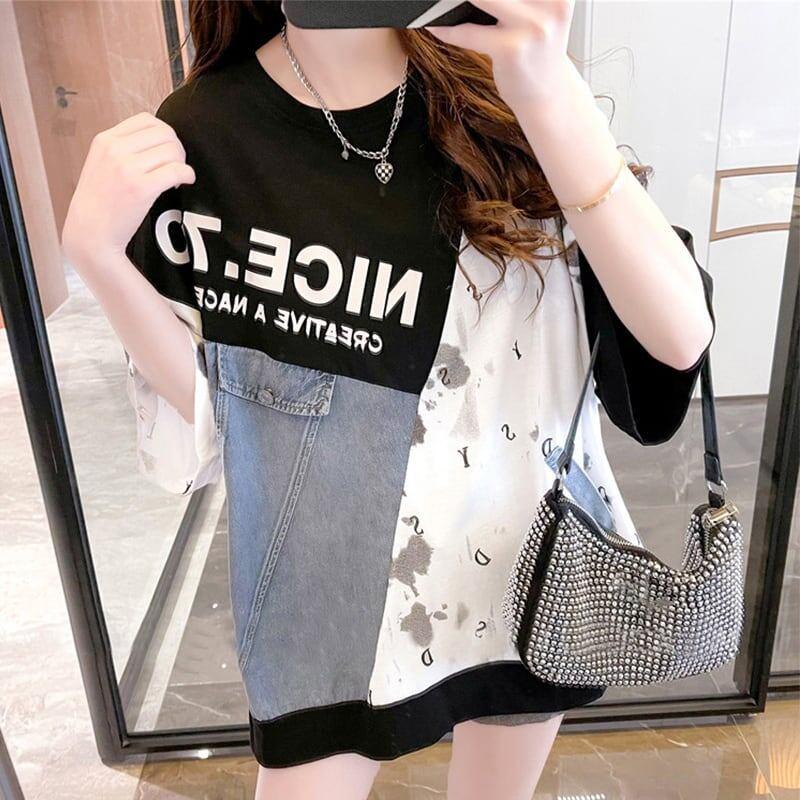 スタイリッシュ 切り替え 一目惚れ プリント Tシャツ カットソー＜U-3102＞