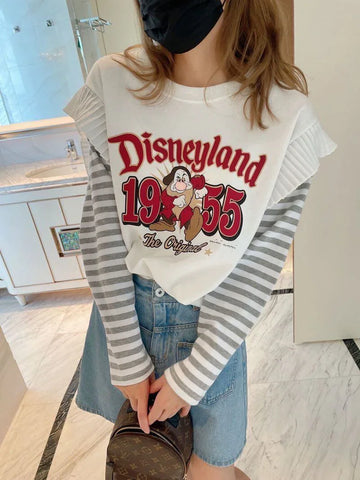 大人可愛いレイヤード風ボーダー柄長袖Ｔシャツホワイトトップス＜isf-4301＞