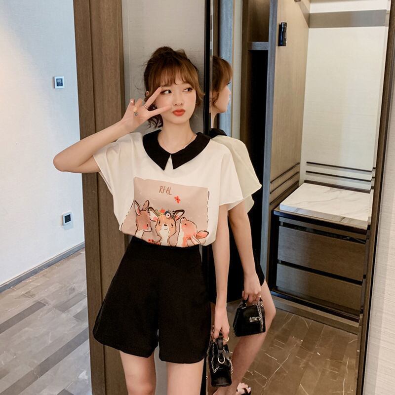 美人度アップ シフォン スウィート 半袖 Tシャツ ショートパンツ セットアップ ＜U-9234＞