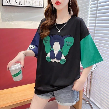 気質漫画カラーマッチング偽ツーピース半袖Tシャツ<U-2997>
