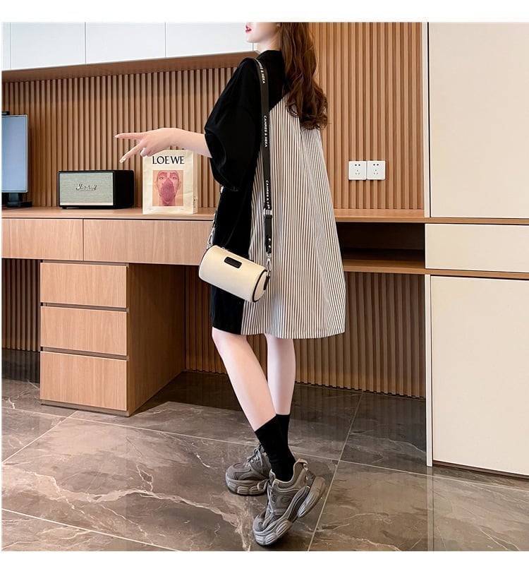 POLOネック 切り替え ストライプ柄 ロング Tシャツ ゆったりワンピース ＜U-3031＞