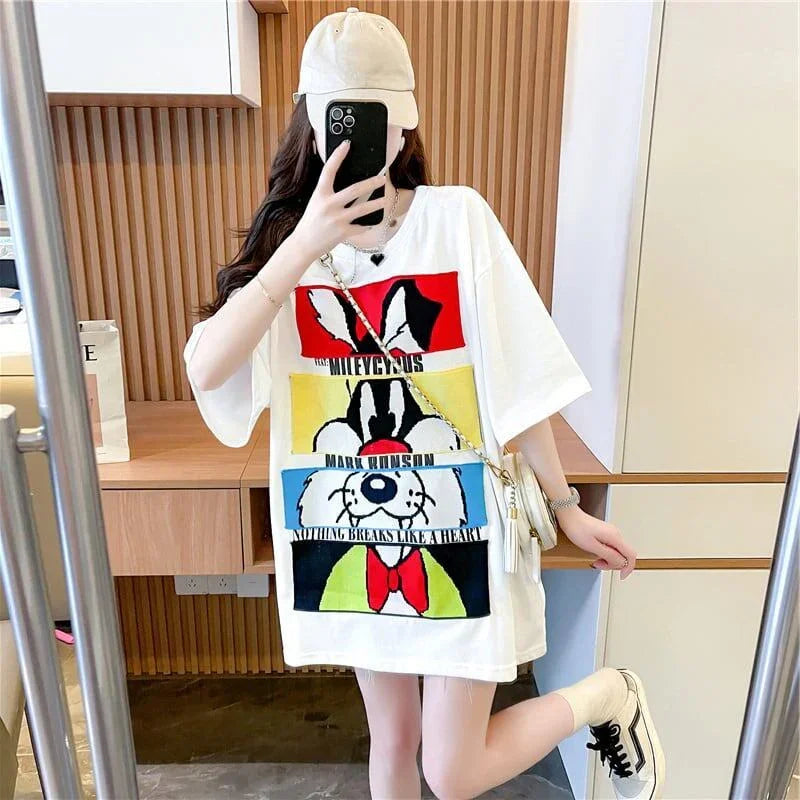 清純甘くて女子力UP ラウンドネック 一目惚れ カートゥーンプリント Tシャツ＜U-2817＞