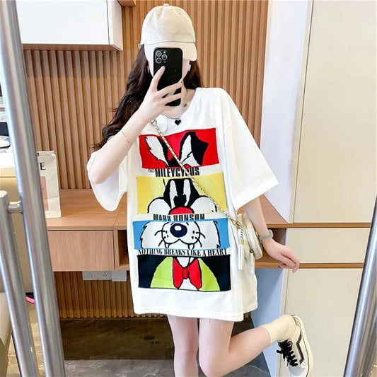 清純甘くて女子力UP ラウンドネック 一目惚れ カートゥーンプリント Tシャツ＜U-2817＞