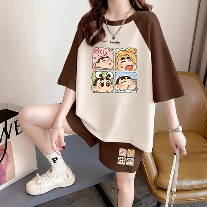 ルーズ レトロ プリント Tシャツ + ショートパンツ セットアップ U-13278