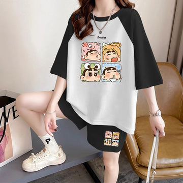 ルーズ レトロ プリント Tシャツ + ショートパンツ セットアップ U-13278