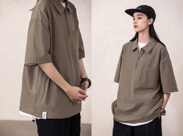 新作 ルーズシルエット ハーフジップ ポケット付き Tシャツ U-13134