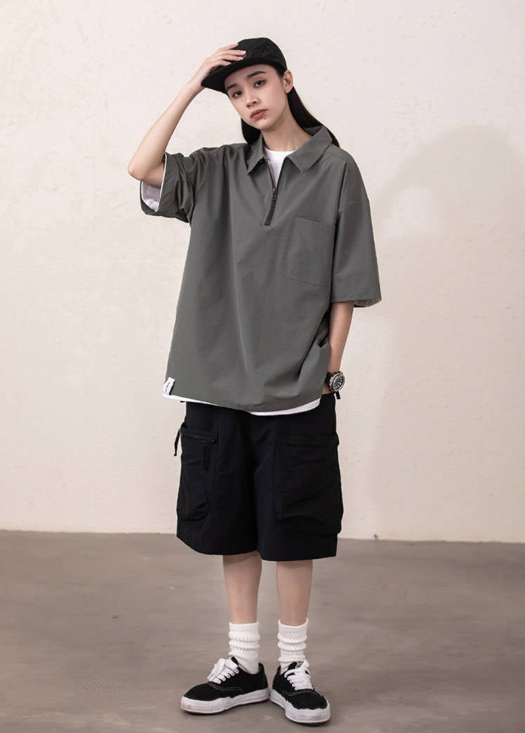 新作 ルーズシルエット ハーフジップ ポケット付き Tシャツ U-13134