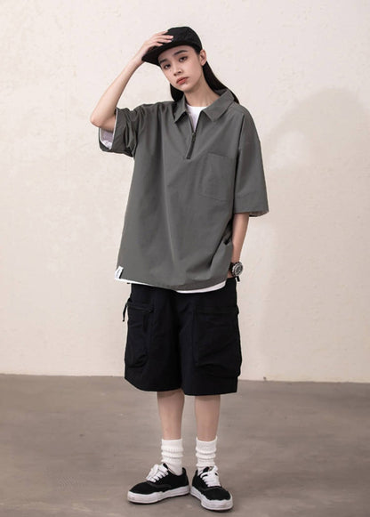 新作 ルーズシルエット ハーフジップ ポケット付き Tシャツ U-13134