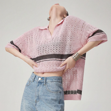 ファッション感満々 透かし編み ポロネック Tシャツ U-80089